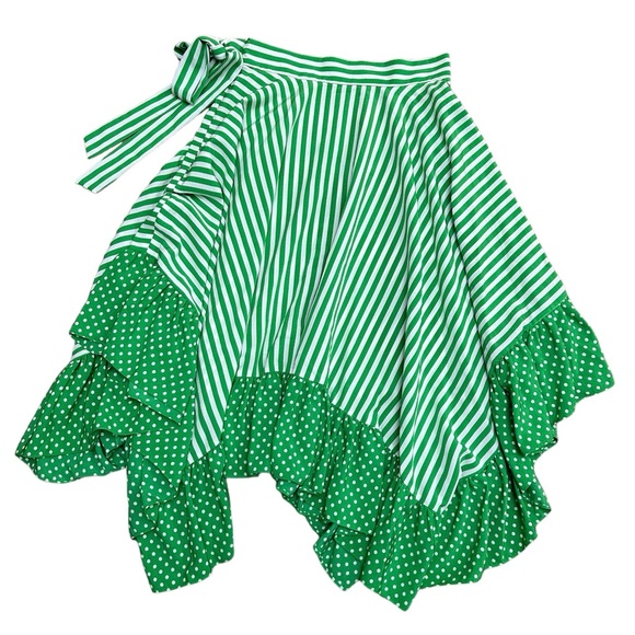 Topshop white and green polka dots and stripes asymmetrical ruffle midi skirt - Picture 8 of 10